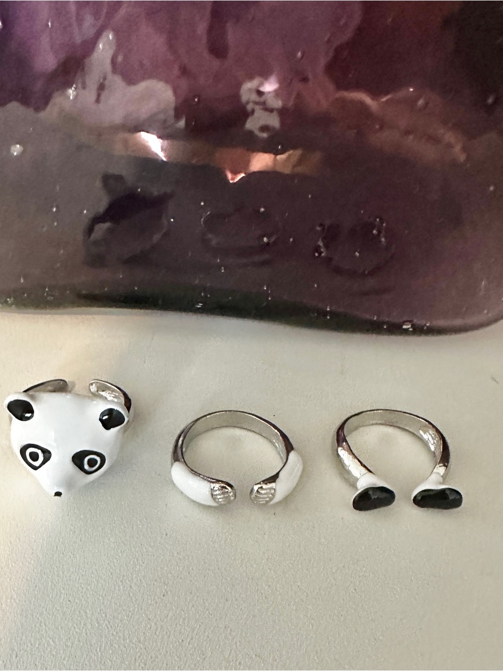 Panda Bear Ring - Black & White Enamel 3 Piece Adjustable